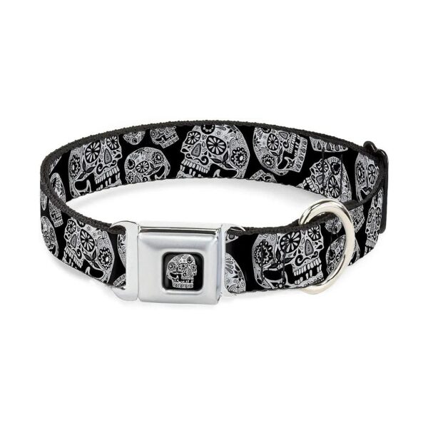 1 Inch Wide Medium Dog Collar Seatbelt Buckle Sugar Skulls Black White