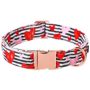 10-16 inch Red Heart Pattern Dog Collar with Cotton Fabric and Metal Buckle Closure