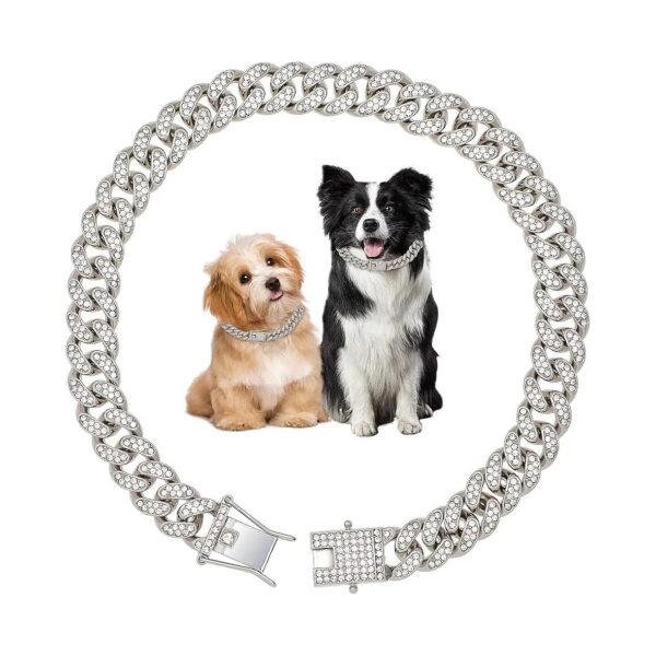 10 Inch Adjustable Silver Cubic Link Dog Necklace with Classic Diamond Accents