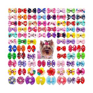 100 Piece Small Dog Hair Bows with Rubber Bands Rhinestone Pearls Accessories