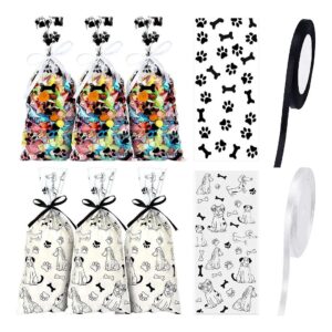 100 Pieces Dog Paw Bone Print Cellophane Treat Bags with Ribbon Ties for Party Favor