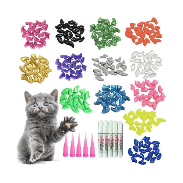 100Pcs Cat Nail Caps and Tips with Adhesive Glue for Paws Protection and Care