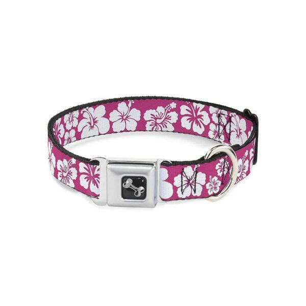 15-26" Neck Size Dog Collar with Hibiscus Neon Pink and White Seatbelt Buckle