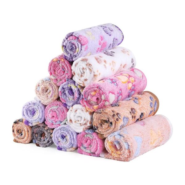 15 Piece Set of Soft Fleece Pet Blankets for Small Animals with Bone and Paw Print