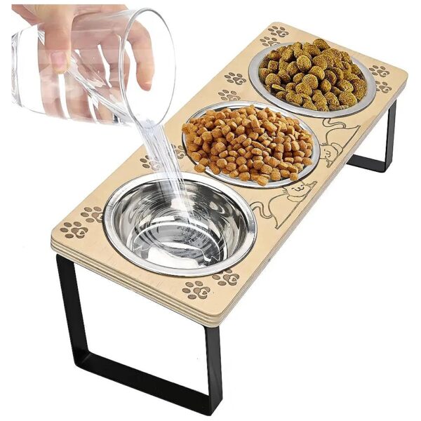 15deg Tilted Raised Pet Food and Water Bowl Stand with 3 Stainless Steel Bowls