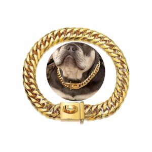 18K Gold Cuban Link Dog Collar with Secure Snap Buckle and D-Rings for Small Pitbulls