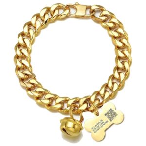 18K Gold Custom Cat Dog Wide Stainless Steel Collar with Adjustable Chain and Bone Charm