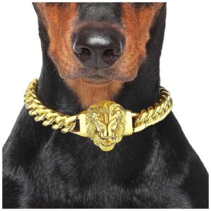 18K Gold Lion Head Dog Collar with Stainless Steel Chain and Quick Release Buckle