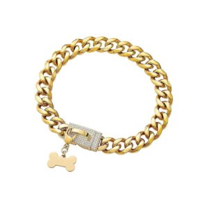 18K Gold Plated Chain Collar with Pet ID Tag and Bling Zircon Buckle for Training Dogs