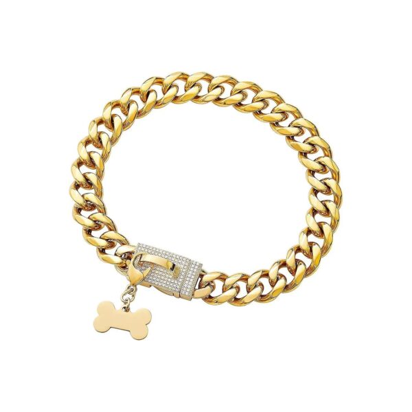 18K Gold Plated Chain Collar with Pet ID Tag and Bling Zircon Buckle for Training Dogs