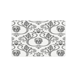 18x12 inches Pet Mat with Skull Florals, Gothic Style, Non-Slip, White and Black