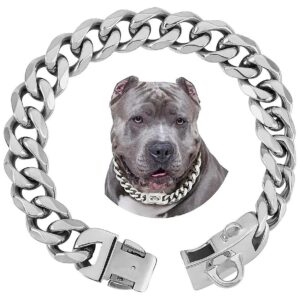 19mm Wide Silver Chain Dog Collar with Cuban Link Design for Large Pitbulls