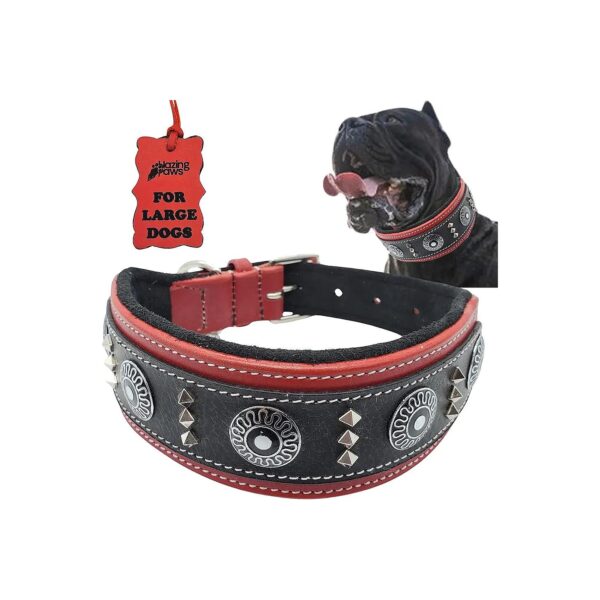 2 Inch Wide Luxury Leather Dog Collar with Shield Conchos and Square Studs for Large Dogs