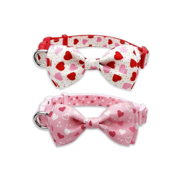 2-Pack Red and Pink Hearts Patterned Dog Collars with Removable Bow Tie for Small Dogs