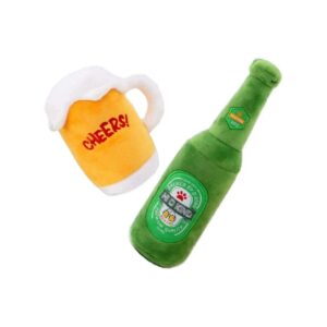 2 Pack Soft Plush Squeaky Beer Mug and Bottle Dog Toys for Small Medium Dogs