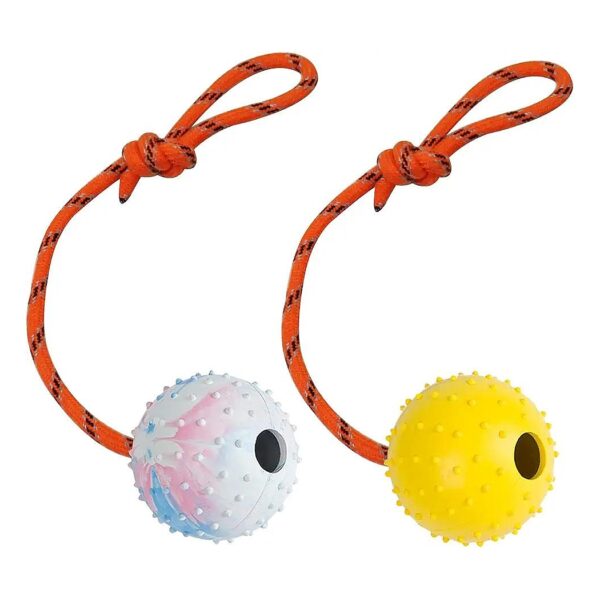 2 Pack Solid Rubber Ball with Rope for Fetch and Exercise Play for Dogs