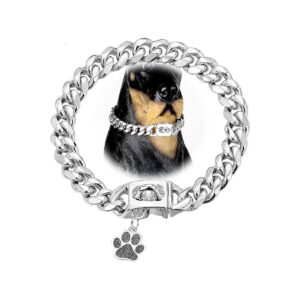 20 Inch Long Stainless Steel Cuban Link Dog Chain Collar with Buckle and Paw Shape Tag