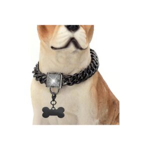 24in Black Metal Cuban Link Chain Dog Collar with 14MM Width and Adjustable Snap Buckle