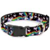 26 Neck Size Polyester Dog Collar with Unicorns and Rainbow Swirl Black Print