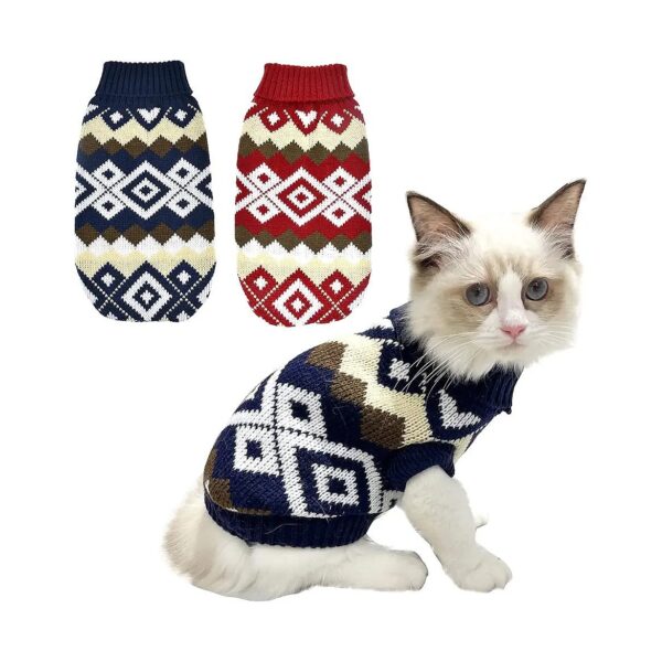 2Pcs Pet Christmas Sweaters for Cats and Small Dogs in Navy Blue and Christmas Red