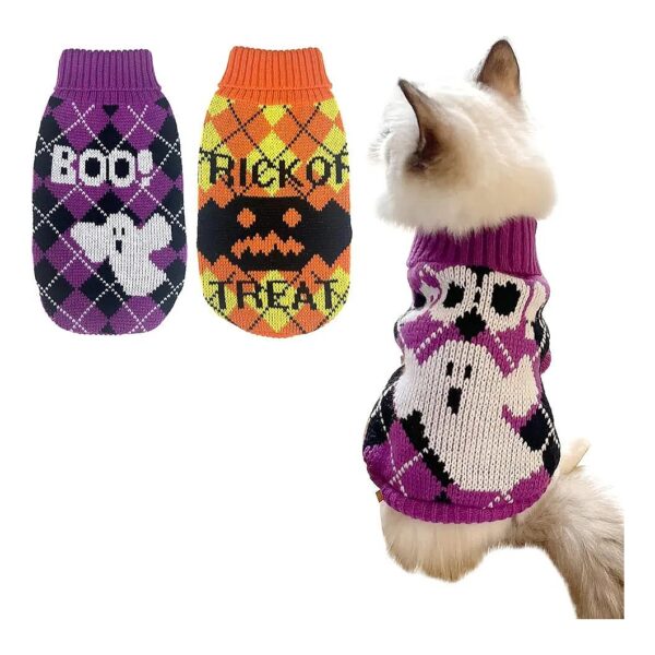 2Pcs XS Halloween Orange Pumpkin Trick Or Boo Pattern Dog Sweater for Cats and Small Dogs