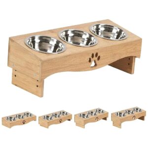 3-Bowl Cat Food and Water Station with Bamboo Wood Stand and 304 Stainless Steel Bowls