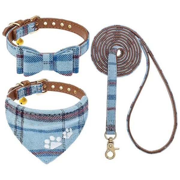 3-Pack Dog Collar and Leash Set with Plaid Pattern and Bell