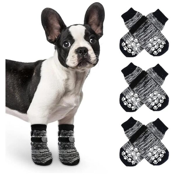 3 Pairs Small Black Dog Socks with Strong Grip Soles for Traction on Wooden Floors