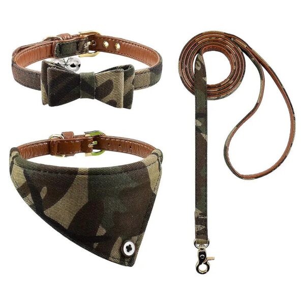 3-Piece Dog Collar Leash Set with Bow Tie and Bell Camo Pattern for Small Dogs and Cats