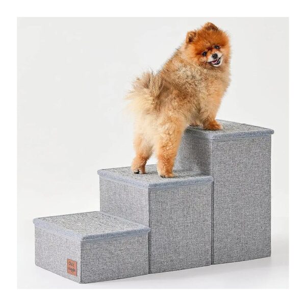 3-Step Foldable Pet Steps with Storage and Grey Finish for Small Medium Large Dogs Puppy