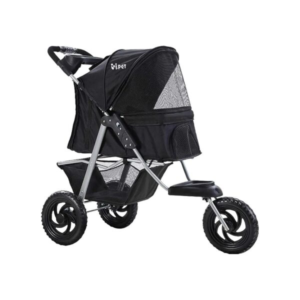 3 Wheel Pet Stroller Travel Carrier for Small Dogs and Cats Black Foldable Stand