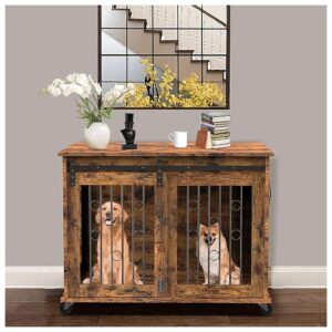 3-in-1 Brown Wooden Crate with Removable Divider and Sliding Door for Indoor Puppy Kennel