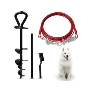 30 Foot Vinyl Coated Dog Tie Out Cable with Spiral Stake for Dogs Up to 100 lbs