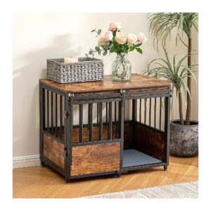 32 Inch Rustic Brown Wooden Dog Crate with Double Doors and Chew-Resistant Fence