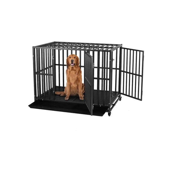 38 Inch Large Metal Dog Kennel with 2 Doors, 4 Wheels and Safety Locks for Pet Security