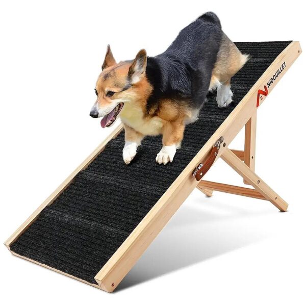 39 Long Wooden Dog Ramp for Bed with Anti Slip Traction Mat and Foldable Design