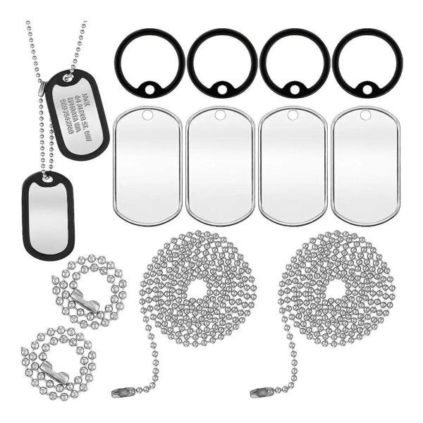 4-Piece Black Silicone Dog Tag Silencer Set with Durable Chains and Engraved ID Tags