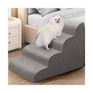 4-Step Dog Stairs for High Bed Couch Sofas with Grey Material and Paw Safe Design