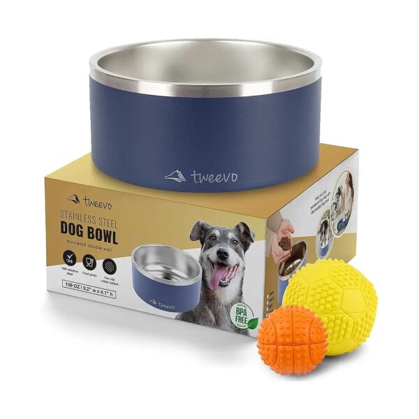 42oz Insulated Dog Bowl with 2 Rubber Balls - 7 Color Options for Medium to Large Dogs