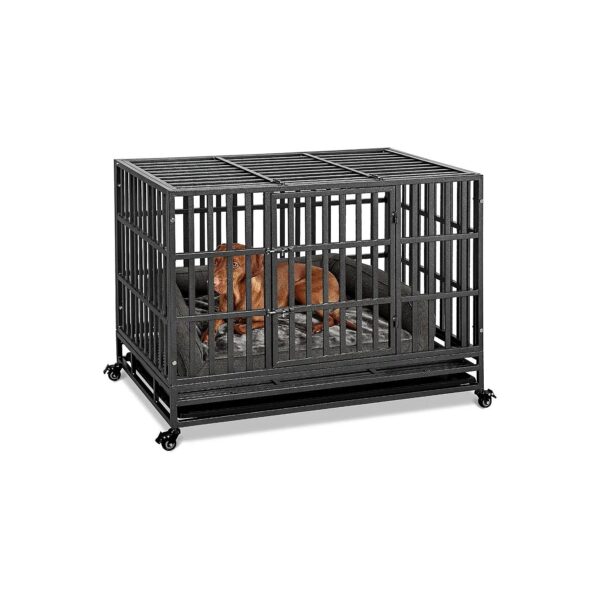 47 Inch Iron Metal Dog Crate with Removable Tray and Wheels for Large Dogs