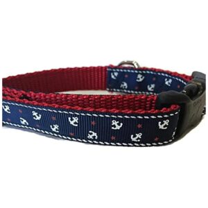 5/8 Inch Wide Navy Blue Anchor Patterned Nylon Dog Collar