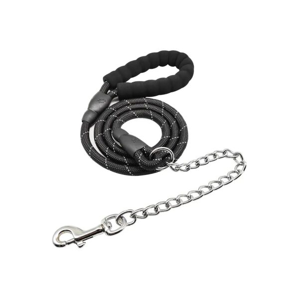 6 Foot Black Nylon Dog Leash with Strong Anti-Chewing Chain and Padded Handle for Walking