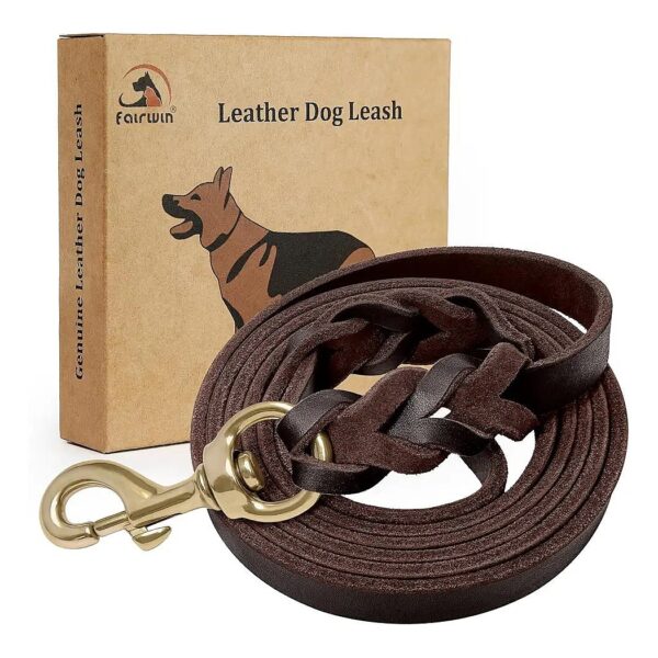 6 Foot Brown Leather Dog Training Leash for Large Medium Small Dogs with Metal Clips