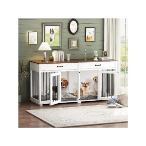 6 Inch Double Room Wooden Dog Crate with Storage Drawers and Iron Railings