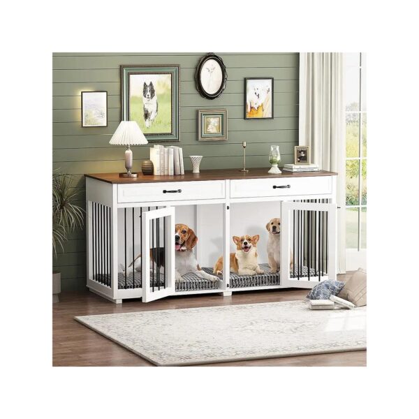 6 Inch Double Room Wooden Dog Crate with Storage Drawers and Iron Railings