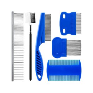 6 Piece Comb Set, Flea Comb, Pet Grooming Tools, Stainless Steel, Plastic, Blue Handles