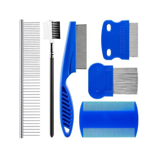 6 Piece Comb Set, Flea Comb, Pet Grooming Tools, Stainless Steel, Plastic, Blue Handles