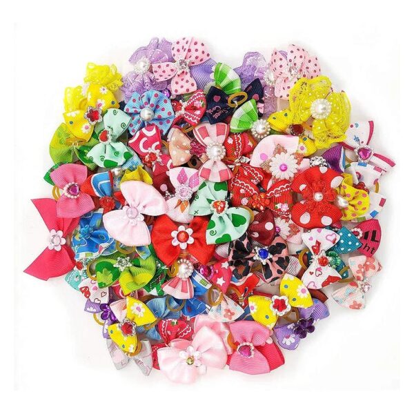 60 Pcs Multicolored Pet Hair Bows Rubber Bands Hair Grooming Topknots