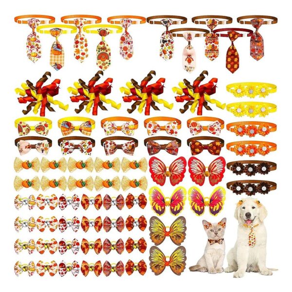 70 Pcs Adjustable Neck Ties and Bow Ties in Pumpkin and Turkey Designs