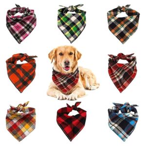 8 Pack Triangle Dog Bandanas with Plaid Patterns and Kerchief Designs